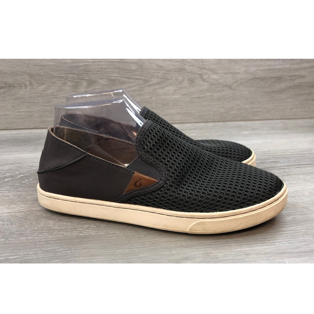 OluKai Pehuea Women's Slip On Shoes Charcoal Mesh‎ Leather US 8.5 EUR 38.5